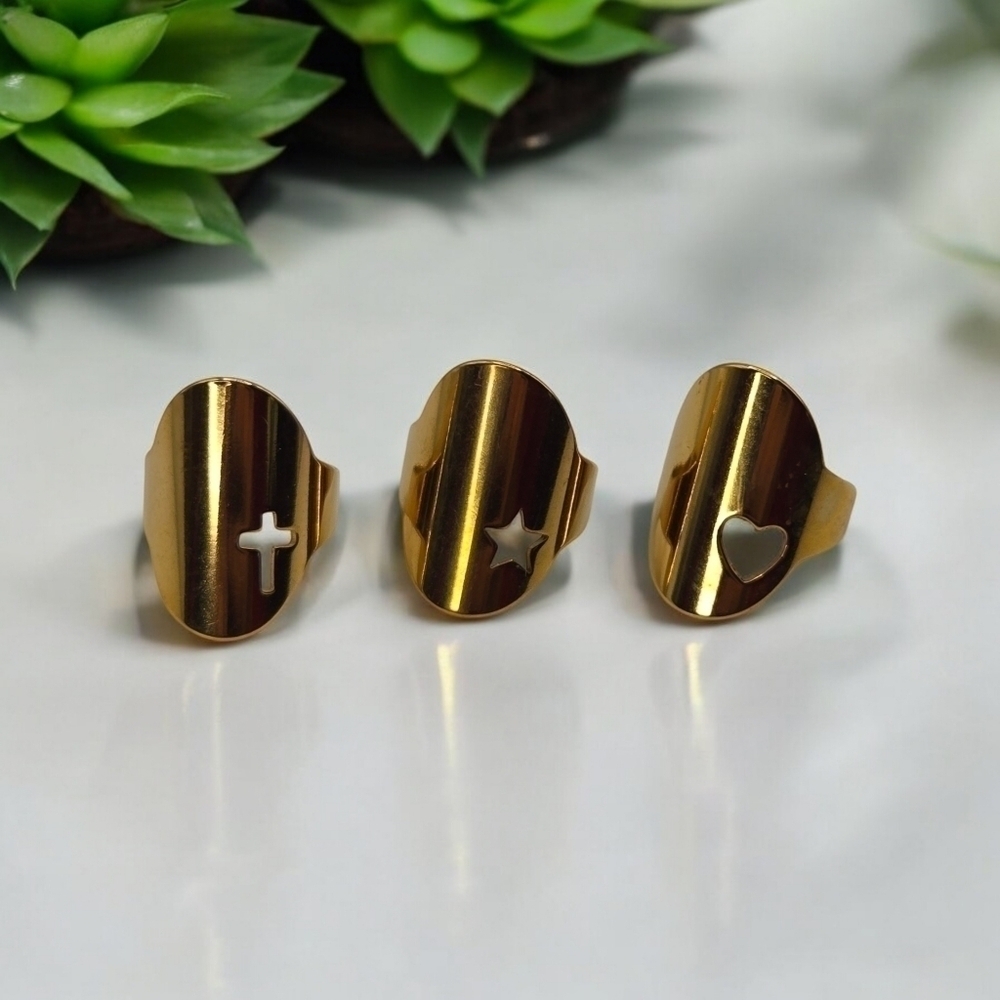 KC Chic Set Of 3 Gold Adjustable Faith Chunky Stackable Layering Statement Rings